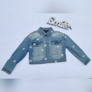 JOUJOU Denim Jacket Woman M Star Print Pockets Crop Buttons Western‎ Casual